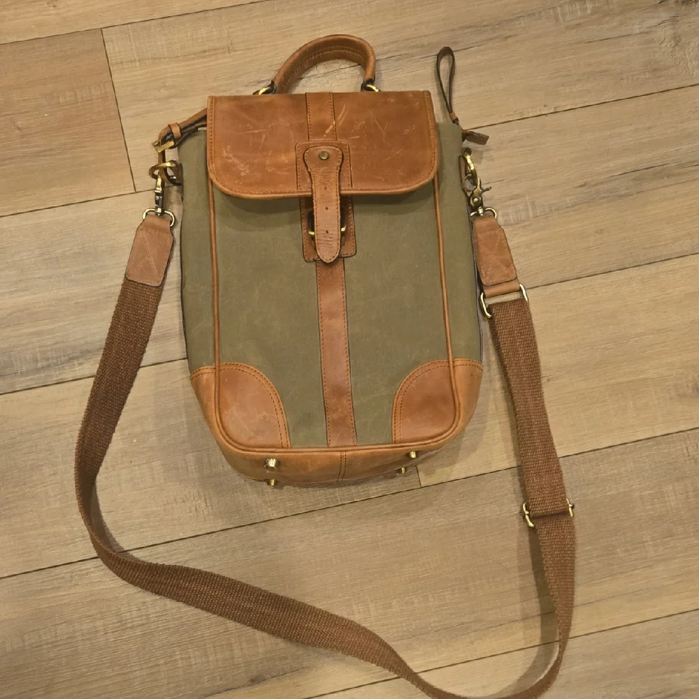 Canvas & Leather Wine Bottle Carrier Crossbody Bag Rustic Travel Picnic Tote